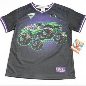 Grave Digger Monster Jam Jersey in Black and Purple Tshirt Sz L 10/12